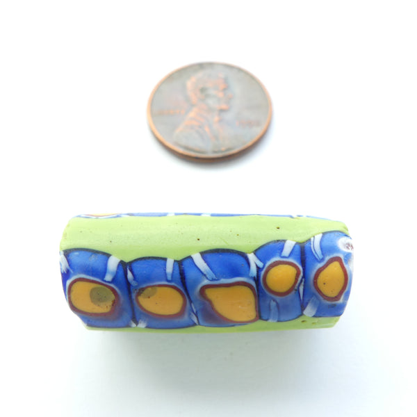 Millefiori Antique Trade Beads, Amber, Red, Blue & White with Lime Green, 30x13mm