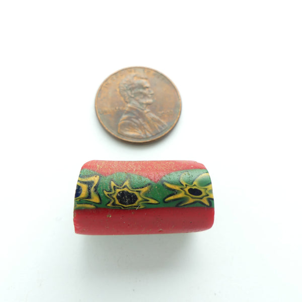 Millefiori, Antique Venetian Trade Bead, Red with Olive/Amber Stars, 22x12mm