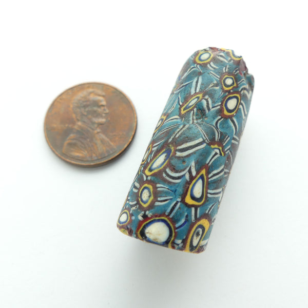 Millefiori,Antique Venetian Trade Bead, Rare Green with Floral Murrine, 34x14mm