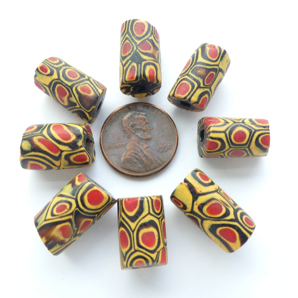 Millefiori Antique Trade Beads, Red, Amber & Black, 14x9mm, Sold Individually