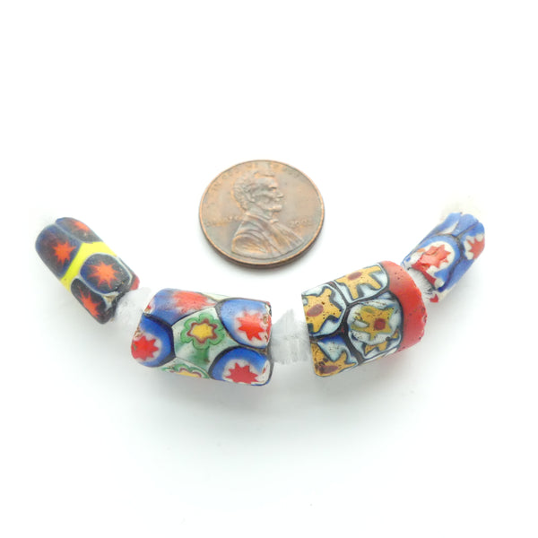 Millefiori Antique Venetian Trade Beads, Set of 4 Small Beads Each with Different Red Murrine