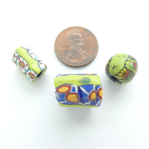 Millefiori, Antique Venetian Trade Beads, Small Lime Green, Set of 3