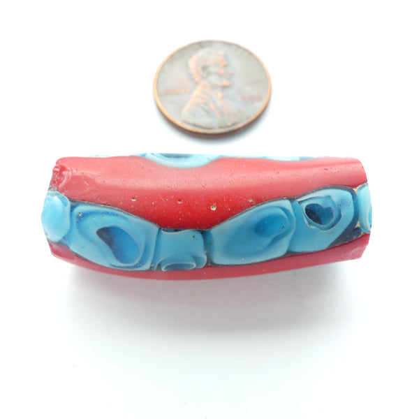 Millefiori Antique Trade Beads, Rare Bright Red with Turquoise, Elbow, 36x13mm