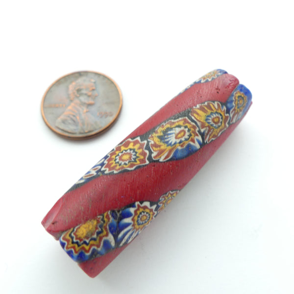 Millefiori Antique Trade Bead, Red with Spiraling Chevron Murrine, Extra Large 46x14mm