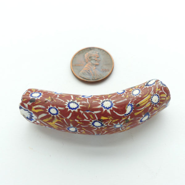 Millefiori Antique Trade Beads, Large Mostly Brick Color Elbow Bead, 53x13mm