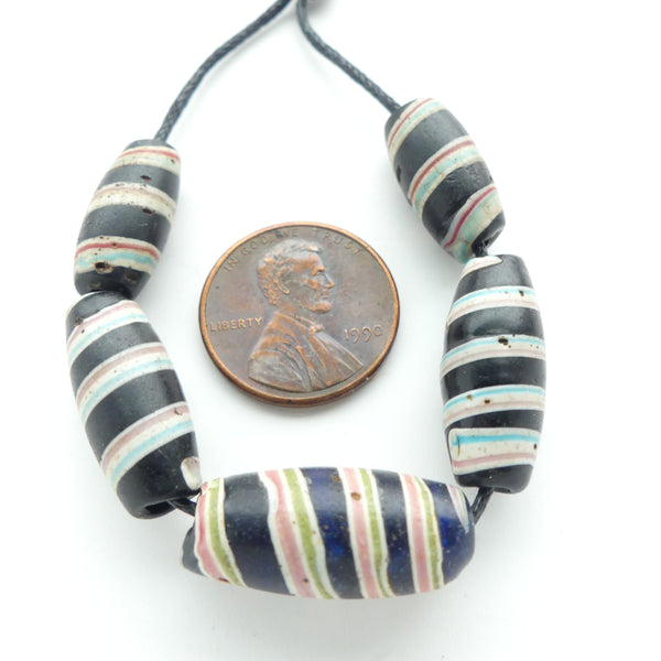 Lampwork, Antique Venetian Trade Beads, Set of 5 Beads with Multicolor Spiral Designs