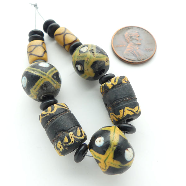 Lampwork, Antique Venetian Trade Beads, Black & Amber Set of 7 Beads