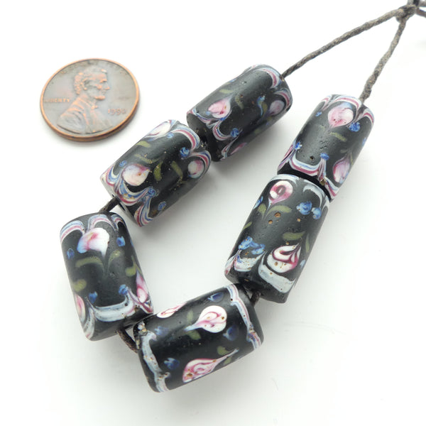 Antique Venetian Lampwork, Black with Fancy Flower Designs, 18x10mm, Sold Individually