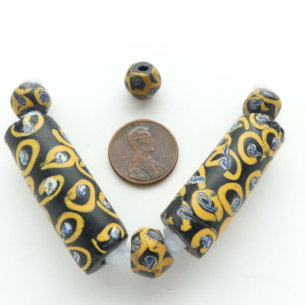 Lampwork, Antique Venetian Trade Beads, Black with Amber, Blue & White, Set of 6