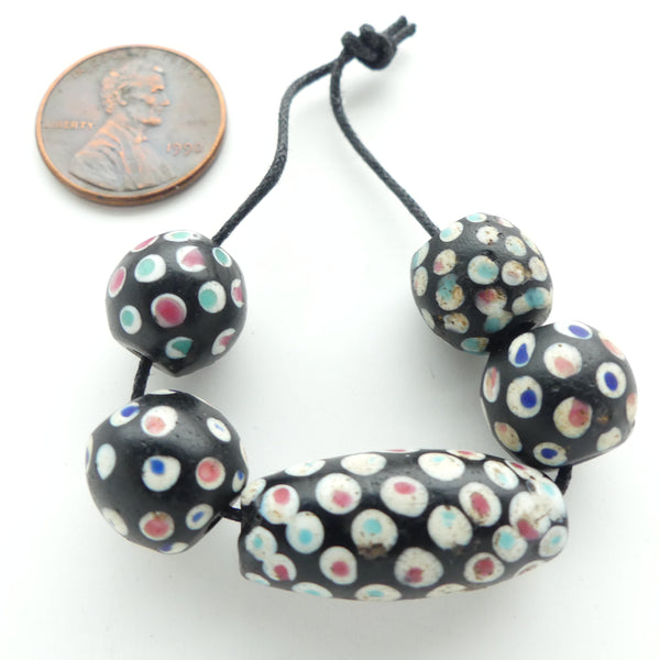 Lampwork, Antique Venetian, Perfect Multi-Color Eye Beads, 1 Oval &.4 Round, Set of 5