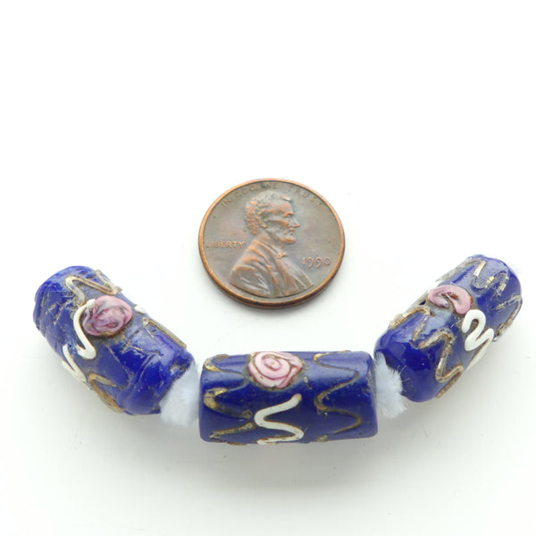 Lampwork, Antique Venetian, Rare Blue "Fancy" Beads with Raised Decor, Set of 3