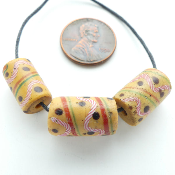 Antique Venetian Lampwork, Amber with Elaborate Design, Set of 3 Beads