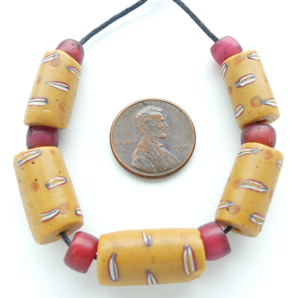 Lampwork, Antique Venetian Trade Beads, Amber with Red/White/Blue & White Heart Dots, Set of 5