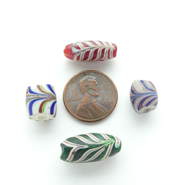 Lamepwork, Antique Venetian Trade Beads, Set of 4 Feathered Beads Asst Sizes & Colors