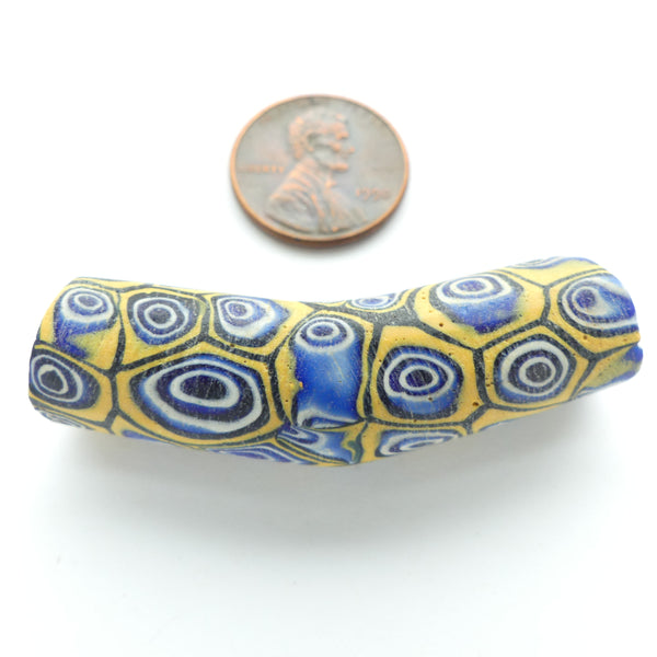 Millefiori Trade Bead, Elbow with Blue, White & Amber Concentric Circles, 49x13mm