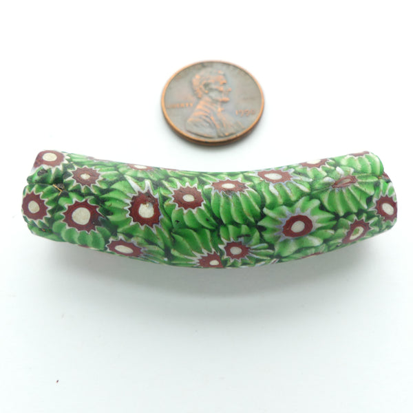 Millefiori Trade Bead, Elbow, Large with Big Green Chevron Murrini, 52x13mm
