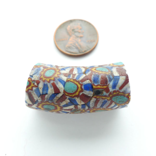 Millefiori Antique Venetian Trade Bead, Elbow Section, Rare Design with Turquoise, 29x9mm