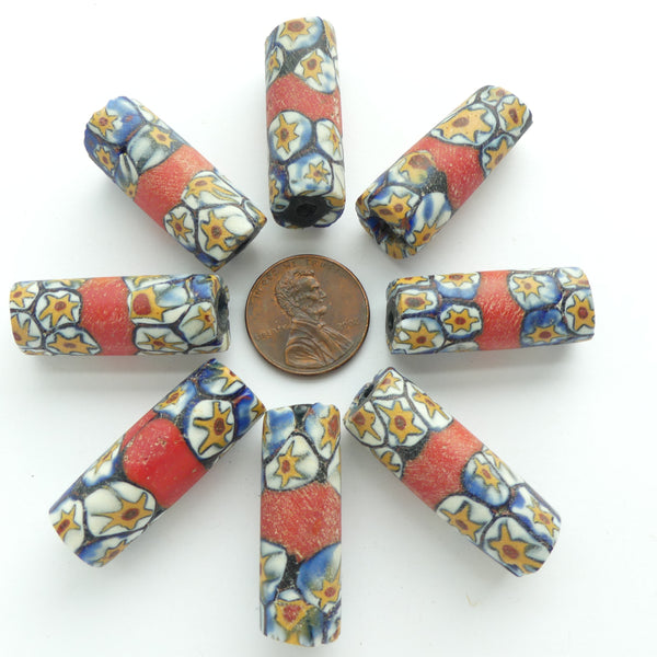 Millefiori, Antique Venetian Trade Beads, White, Black, Red, Gold Stars w/ Red Belt, Sold Individually