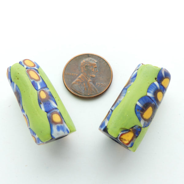 Millefiori Antique Venetain Trade Beads, Rare Lime Color w/ Blue & Amber, 26x12mm, Sold Individually