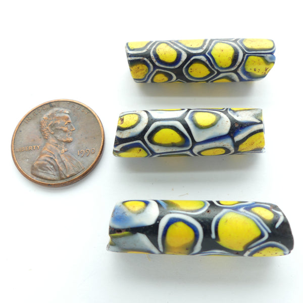 Millefiori Trade Beads, Yellow with Blue, Extra Slim 30x9mm, Sold IndividuallyT