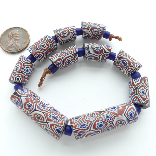 Millefiori Trade Beads, Large Set of Matched Bead, Brick, White & Blue, Set of 10