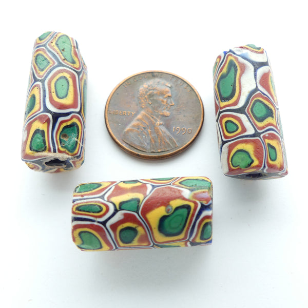 Millefiori Antique Venetian Trade Beads, Green/Amber/Brick/White, 22x10mm, Set of 3