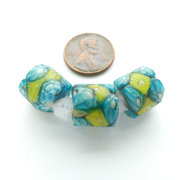 Millefiori Antique Venetian Trade Beads, Turquoise with Clear & Yellow, Short Cylinders, Set of 3