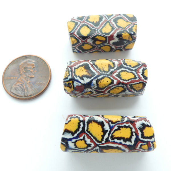 Millefiori Trade Bead, Rare Square Cross-Section in Classic Colors, 27x10mm, Sold Individually