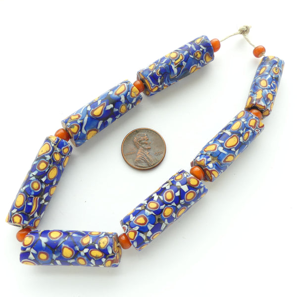 Millefiori Antique Venetian Trade Beads, Rich Royal Blue with Amber & Brick, 34x12mm, Sold Individually