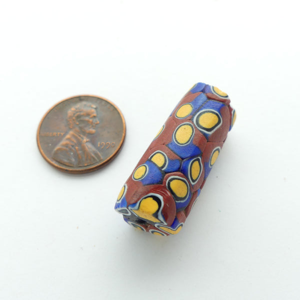 Millefiori Antique Venetian Trade Bead, Brick, Amber and Royal Blue, 29x11mm
