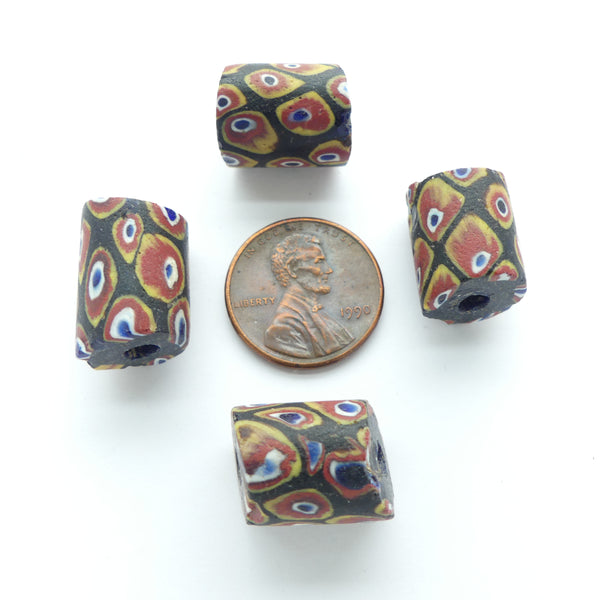 Millefiori Antique Venetian Trade Beads, Short Cylinders with Multicolor Eyes, Sold Individually