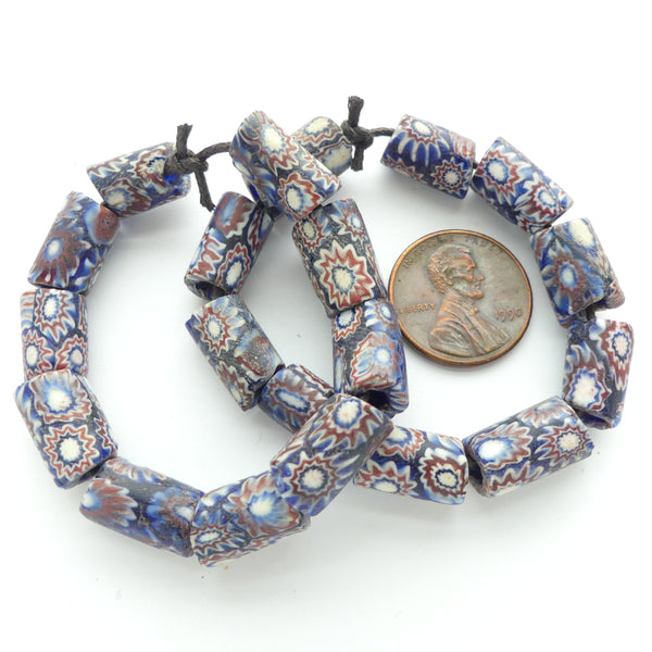 Millefiori Antique Venetian Trade Beads, Mini 6 layer Blue Chevron Pattern, Sets of 10