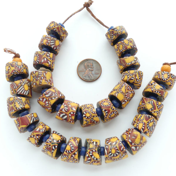 Millefiori Antique Venetian Trade Bead Slices Complex Amber & Brick Pattern, Set of 14
