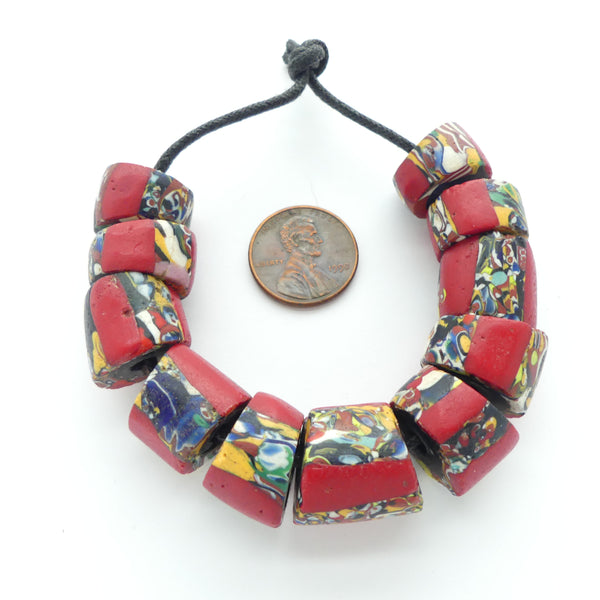 Millefiori, Antique Venetian Trade Beads, End-of-Day Murrine Crumbs with Red, Set of 11
