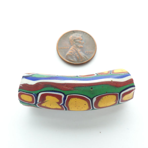 Millefiori Trade Bead, Elbow Green & Amber With Red/White/Blue Stripes, 42x12mm