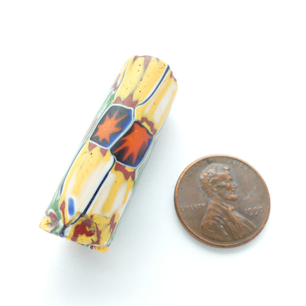Millefiori Trade Bead, Red Star Murrini on Mosaic Canes Laid Lengthwise, 38x13mm
