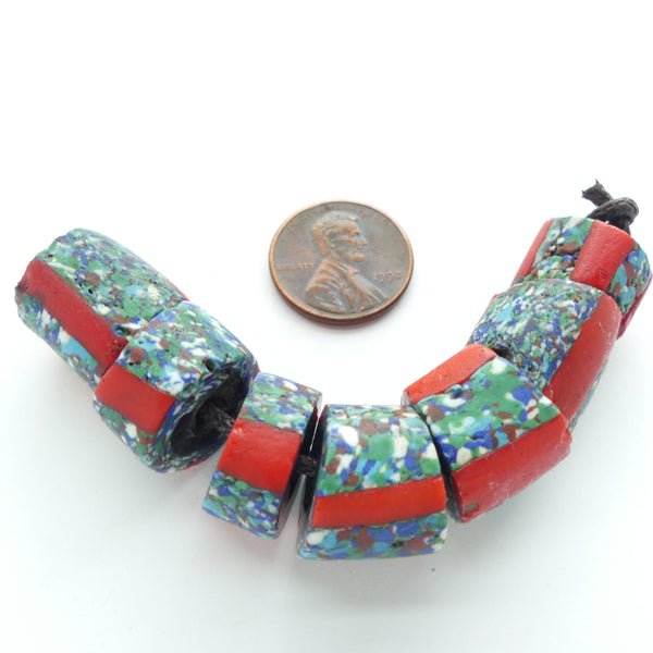 Millefiori Antique Venetian Trade Beads, End of Day with Red, Short Cylinders, Set of 7