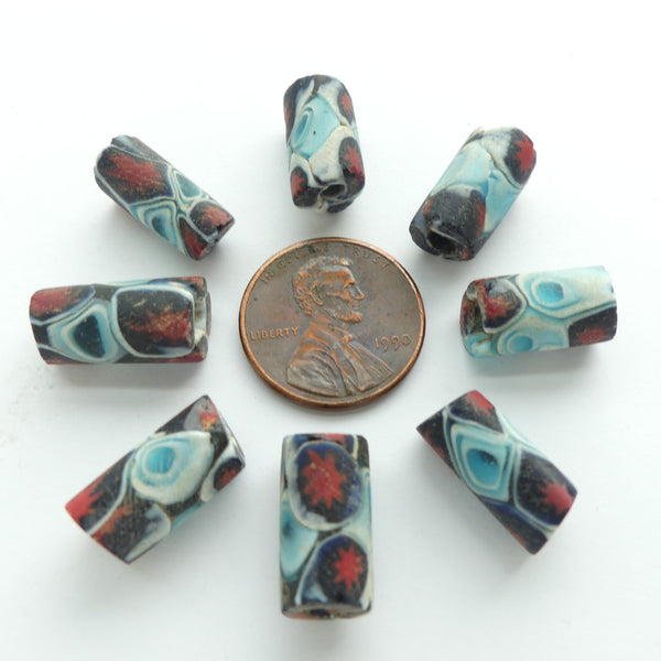 Millefior Trade Beads, Mini Beads, 14x7mm, Red Stars & TQ Circles, Sets of 4