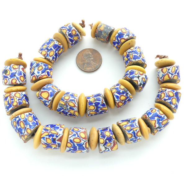 Millefiori Antique Venetian Trade Beads, Short Cylinders Blue w/ White, Amber & Brick, Sets of 10
