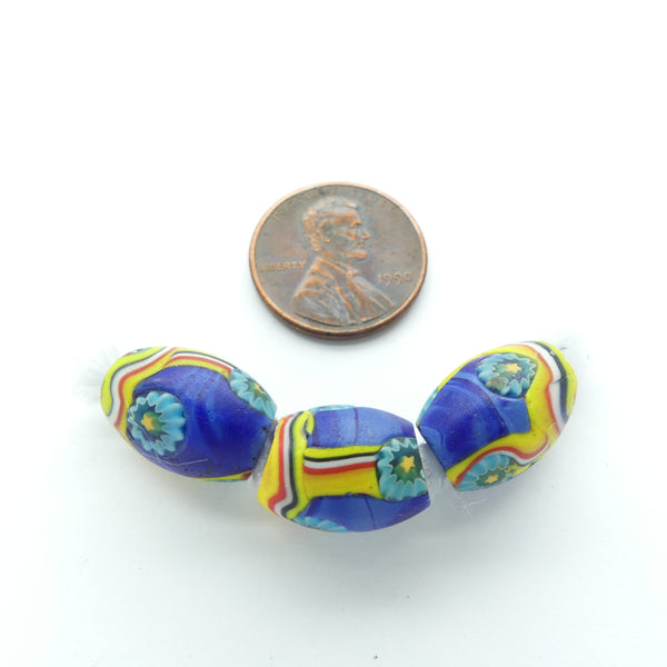 Millefiori Trade Beads, Olive Shape Rare Dark Blue with Turquoise & Multi, Sold Individually
