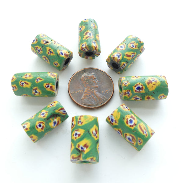 Millefiori Trade Beads, Green with Rare Early Amber & Brick Murrini, 15x9mm Beads, Sets of 4