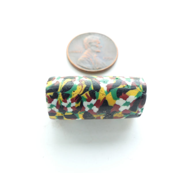 Millefiori Trade Bead, Like a Multi-Color Quilt in Amber, Black, Brick, Green & White, 27x12mm