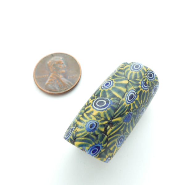 Millefiori Trade Bead, Robust Bead 34x16mm with Dramatic Amber & Blue Design