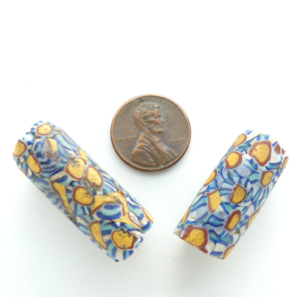 Millefiori Antique Venetian Trade Beads, Rare TQ, Blue & White Stripes, Set of 2