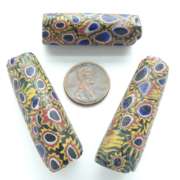 Millefiori Trade Beads, Extra Long With Multicolor Chevron Murrini, Sold Individually