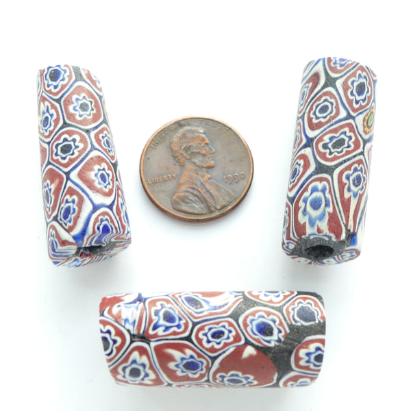 Millefiori Trade Beads, Crisp Blue/Brick/White Flower Pattern, 34x12mm, Sold Individually