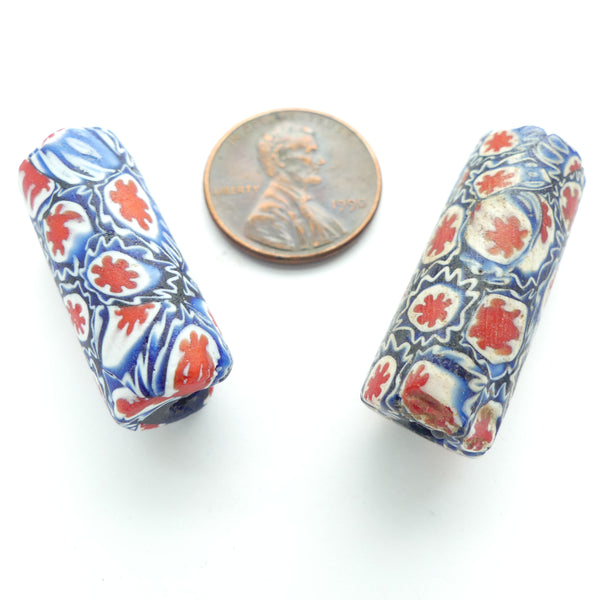 Millefiori Trade Beads, Red & White Flowers in a Field of Green, 30x12mm, Sold Individually