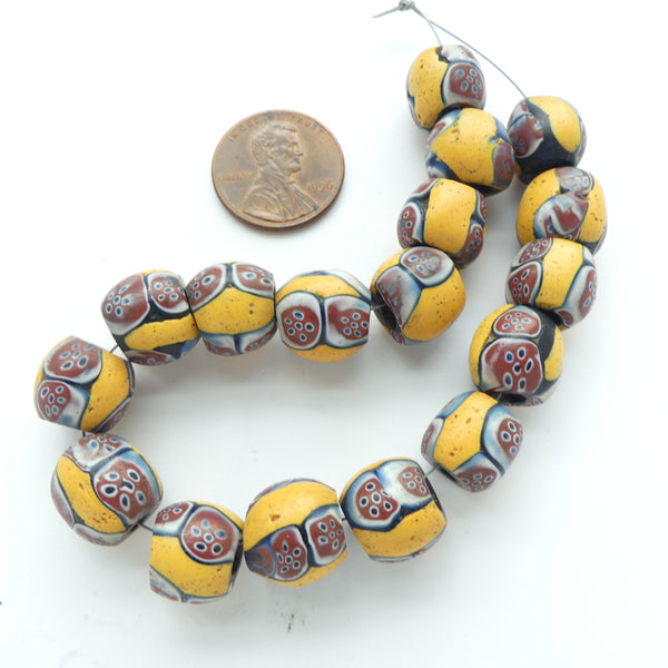 Millefiori Antique Venetian Trade Beads, Rounded, Amber, Brick, White & Blue, Sold Individually