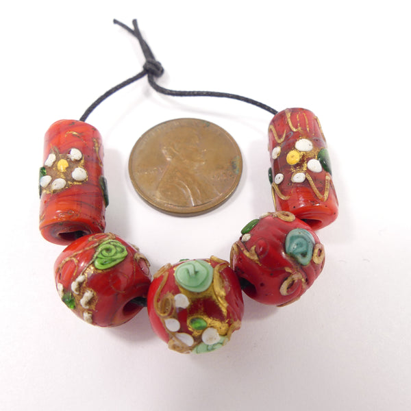 Antique Venetian Lampwork, Red Fancy Wedding Cake Beads 2 Shapes, Set of 5
