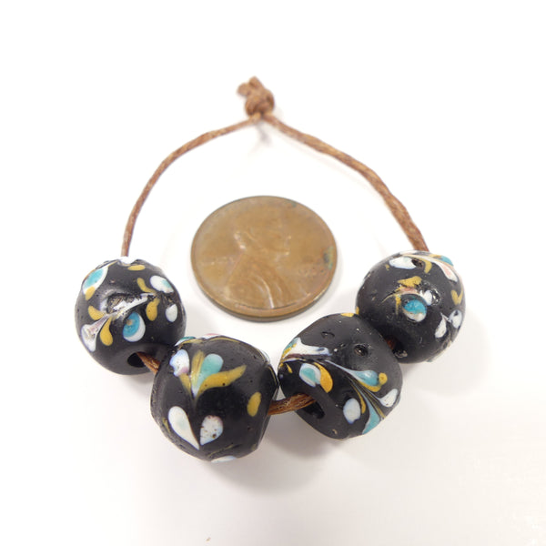 Antique Venetian Lampwork, Black Fancy Beads with Floral Designs, Set of 4